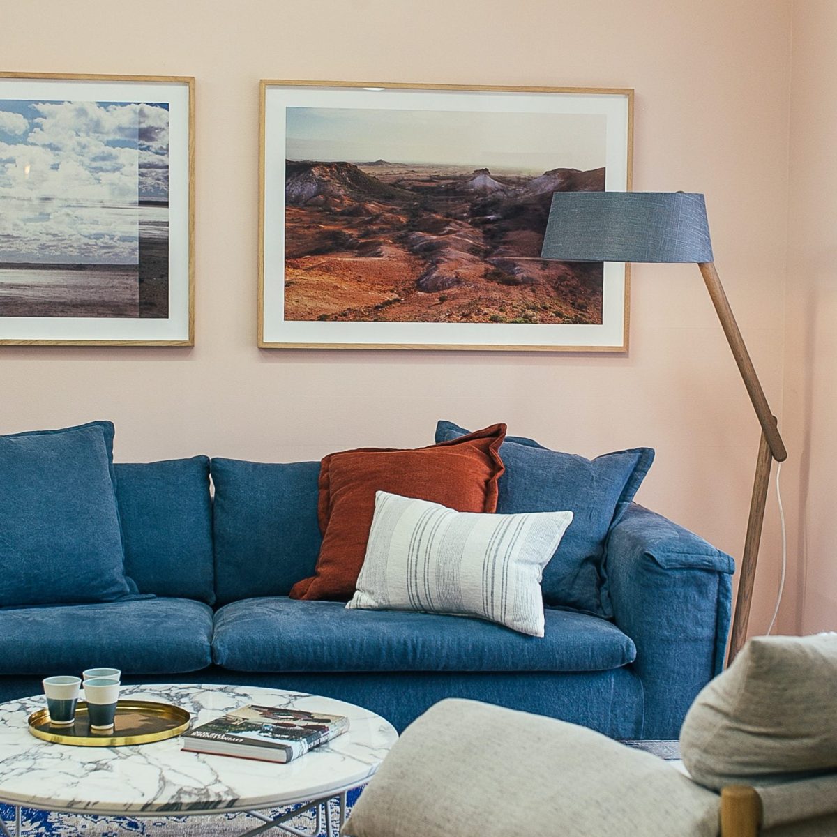 blue sofa in a living room